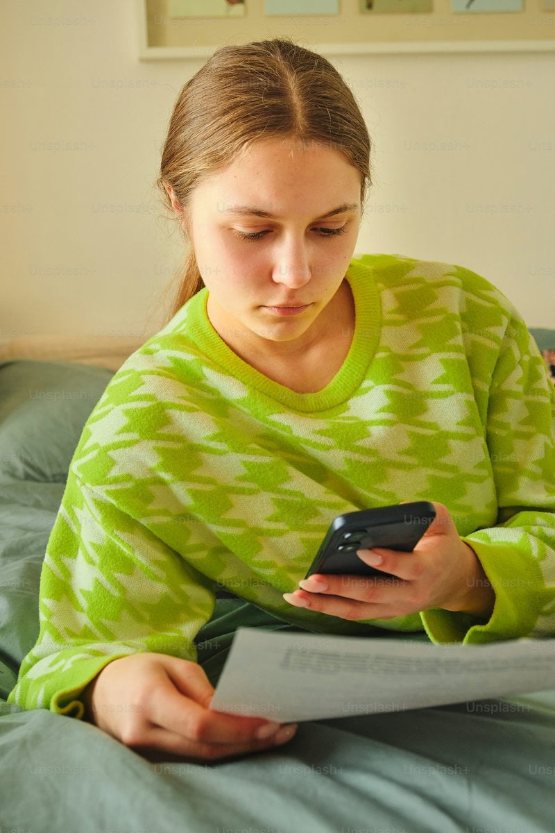 Young woman looking at phone while holding papers photo &ndash; Paper Image on  Unsplash